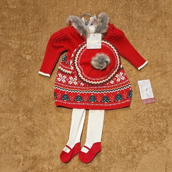 New Tommy Bahama Festive Red Knit Dress with Faux Fur Trim & Hat Size 0-3 Months - Picture 1 of 5